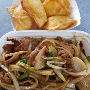 Mongolian beef, crab Rangoon.