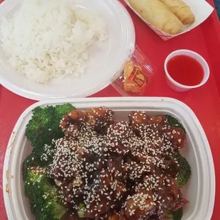 Sesame beef, spring rolls.