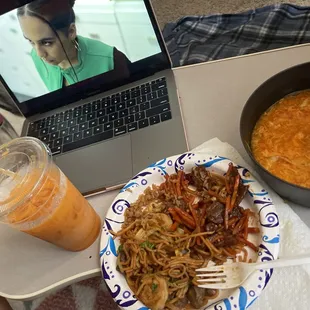 i got the Combination Chow Mein and the Mongolian Beef with fried rice! of course can&apos;t forget the Corn Egg Flower Soup and Thai Tea!!