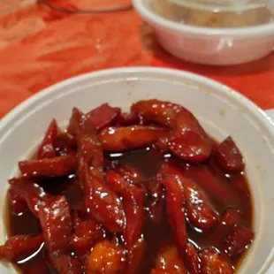 Spare rib tips in too much sweet sauce