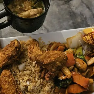 Wonton Egg Drop Soup, Fried Chix Wings w/Shrimp Fried Rice, Shrimp w/Mixed Vegetables &amp; House Special Lo Mein