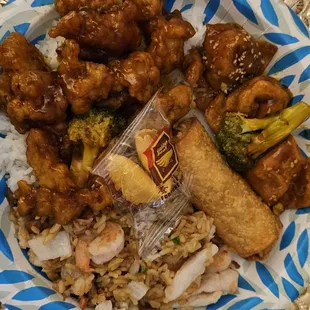 General Tao's Chicken (top-left), Sesame Pork Wontons (top-right), Shrimp Roll, House Fried Rice (bottom), Fortune Cookie