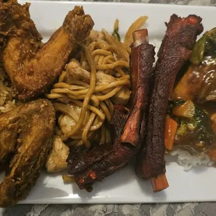 Shrimp Fried Rice, Chicken Wings, House Lo Mein, BBQ Spare Ribs, Beef &amp; Prawns Szechuan Style over White Rice