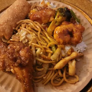 Sesame Shrimp  (add spicy) over Steamed Rice, House LoMein, Garlic Chicken Wings and Shrimp Roll