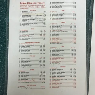 the menu for the restaurant