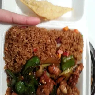 Jalapeno Chicken lunch special with pork fried rice and Rangoon instead of eggroll