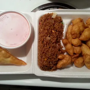 Sweet and sour chicken lunch special with pork fried rice and crab Rangoon