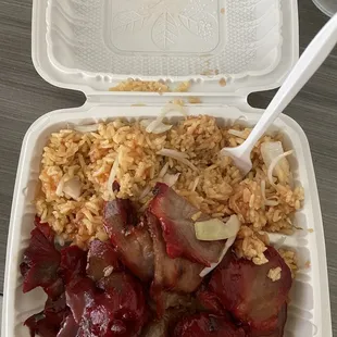 Boneles Spare Ribs Combo Platter. I ate the egg roll already. Was good. wish it was cut differently tho. rice needed duck sauce