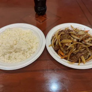 Mongolian beef (no green onions and celery) with white rice.