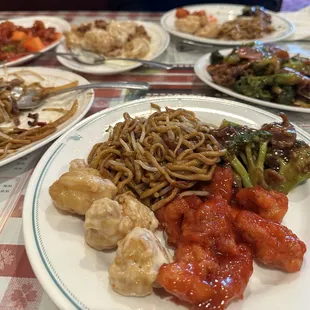 Pork chow mein , beef and broccoli , sweet and sour pork , honey walnut shrimp
