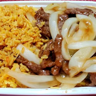 Pepper Steak with Onions, Pork Fried Rice and Egg Roll (not pictured). A personal favorite. Delicious!
