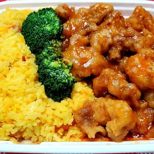 General Tso&apos;s Chicken with Pork Fried Rice and Egg Rolls (not pictured). Absolutely delicious and spiced perfectly!
