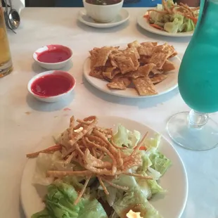 Wontons with sweet and sour soup the bring out before your meal and salad