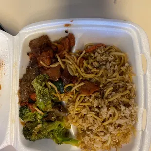 Beef broccoli with chicken chow main fried rice and Kung poa