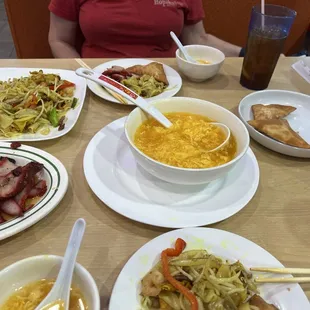 Egg drop soup, barbecued pork crab lagoons, and curry flat noodles