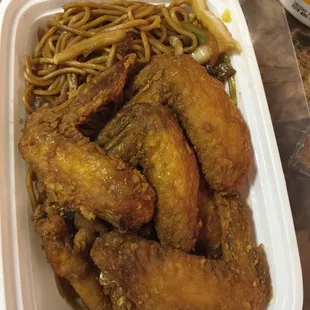 Chicken wings with beef lomain loved it!