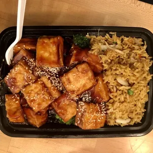 Sesame Tofu, fried rice on the side