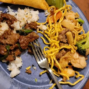 My take out meal at home. Mongolian Beef, Triple Delicacy Pan Fried Noodles, and crab Rangoon