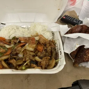 Chicken with veggie; burnt shrimp toast