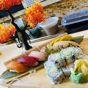 a sushi platter with various types of sushi