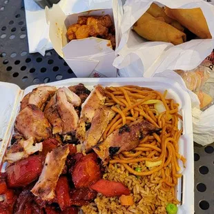3 item combo, orange chicken, bbq pork &amp; teriyaki chicken