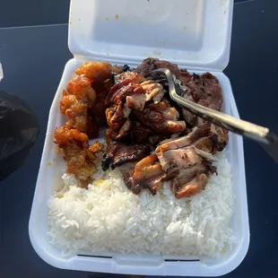 Steamed rice, orange chicken, teriyaki chicken