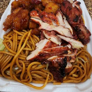 Spicy orange chicken and bbq teriyaki chicken w all noodles (noodles were very good)