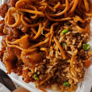 a plate of noodles and meat