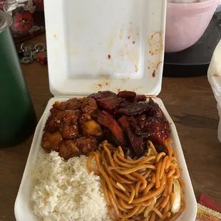 Spicy Orange chicken, BBQ Chicken, White Fried Rice, Chow Mein