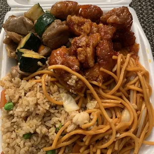 Rice, noodles, spicy orange chicken, mushroom chicken. Yum!