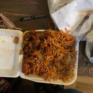 Kung Pow Chicken, Orange Chicken, fried rice and noodles.