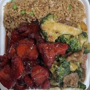 Fried rice, beef broccoli, bbq pork