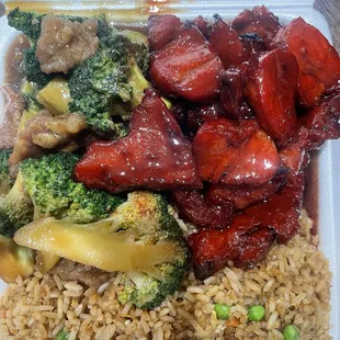 Fried rice, Beef broccoli, BBQ pork