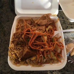 Curry Chicken with chow mein and fried rice.