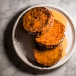 Pork egg foo young.  Ordered as takeout.  Plated and photographed at home.