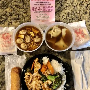 Hot &amp; Sour Soup, Wonton Soup, Chicken With Broccoli in Garlic Sauce, &amp; Egg Roll