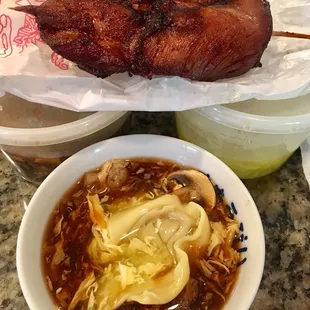 Hot &amp; Sour w/ a wonton from Egg Drop &amp; Wonton soup &amp; a Chicken Teriyaki stick! Yumm!