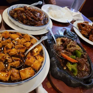 Peking style pork, black pepper beef, mapo tofu, eggplant