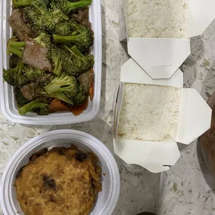 Beef with broccoli  35. Chicken Egg Foo Young Brown sauce and rice