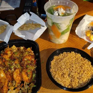 Salt and pepper shrimp, chicken vegetables soup, 2 egg rolls. 2 bags cruchy wontons, fried rice. Excellent.