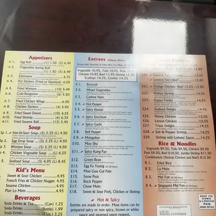 Appetizers, entrees, kids menu, soups, rice &amp; noddle