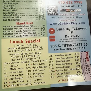 Lunch specials and contact info