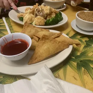 Appetizer fried Rangoon and in the back walnut shrimp
