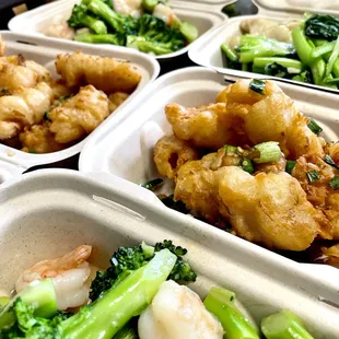 Shrimp with Broccoli, Salt Pepper Squid &amp; Fish Fillet Stir Fry with Choi Sum.
