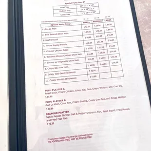 Special Party Trays menu &amp; prices