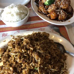 Chicken fried rice and sesame chicken