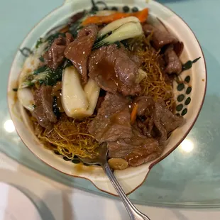 a bowl of beef and noodles