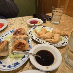 Pot stickers and deep fried shrimp