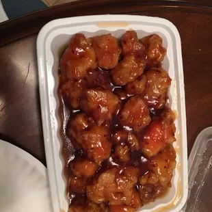 General tso's chicken.  Legitimately all chicken with 4 small pieces of broccoli.