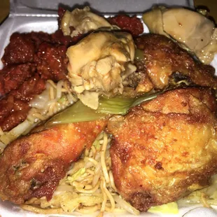 chicken and noodles in a styrofoam container